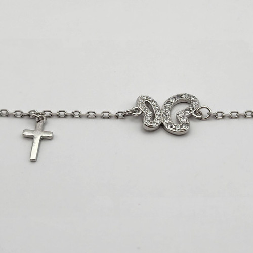 دستبند نقره 925 طرح پروانه + آویز صلیب