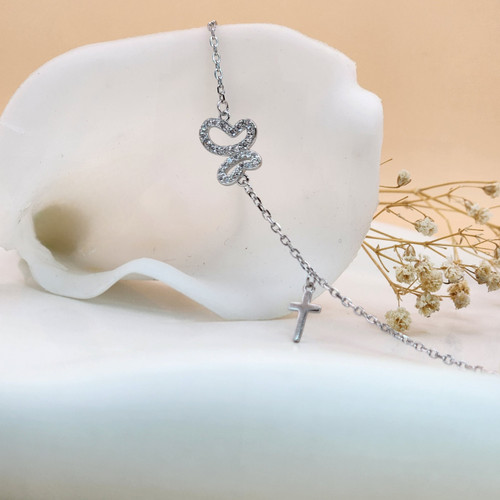 دستبند نقره 925 طرح پروانه + آویز صلیب